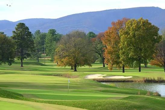 Tree-lined golf course fairway at dusk